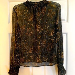Line + Dot Floral Sheer Smocked Mock Neck Long Sleeve Top Size M